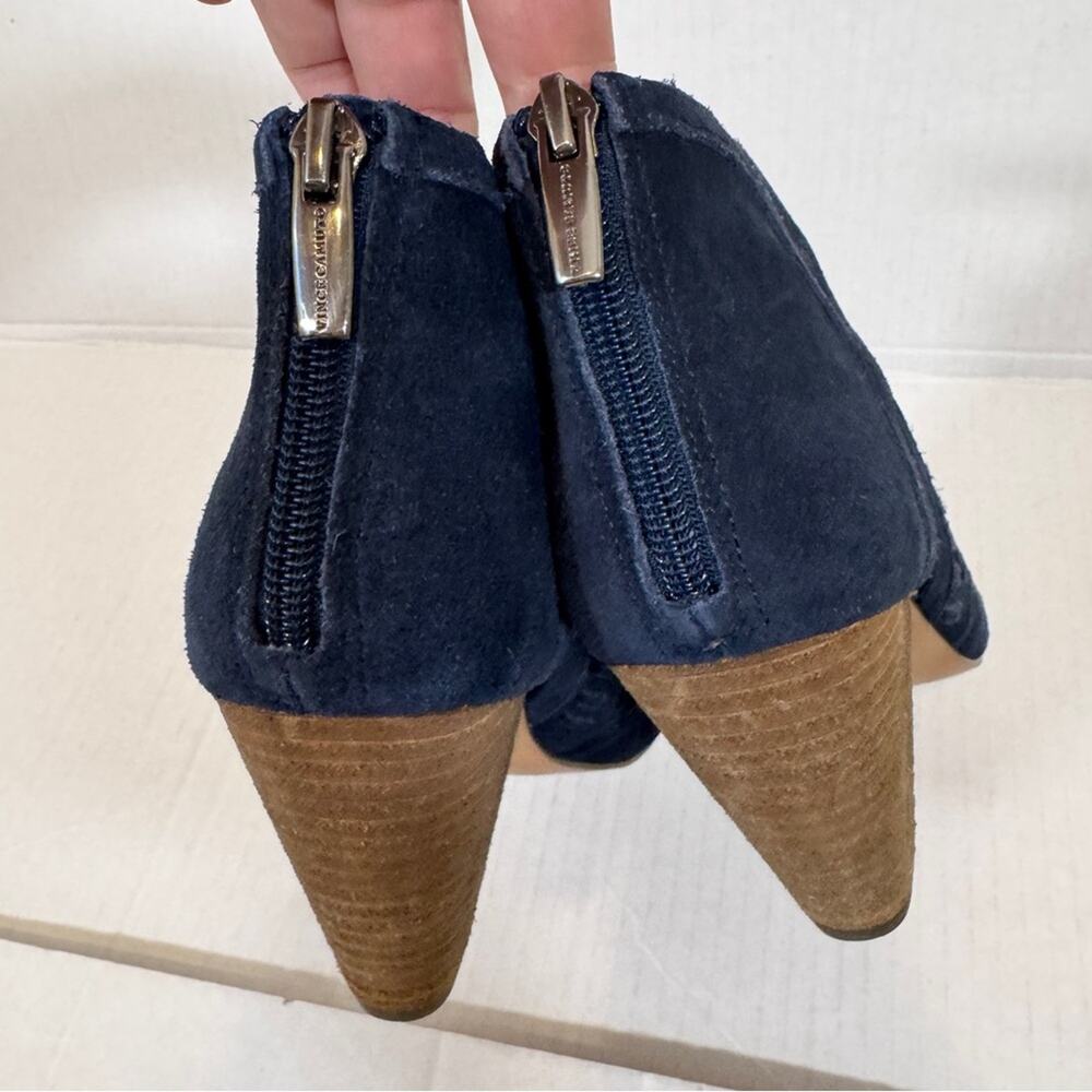 Vince Camuto Blue Suede Leather Laser Cut Ankle Boots Womens 9 Stacked Wood Heel - Picture 4 of 9